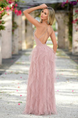Sleeveless Spaghetti Strap Backless Long Formal Dress With Ruffles