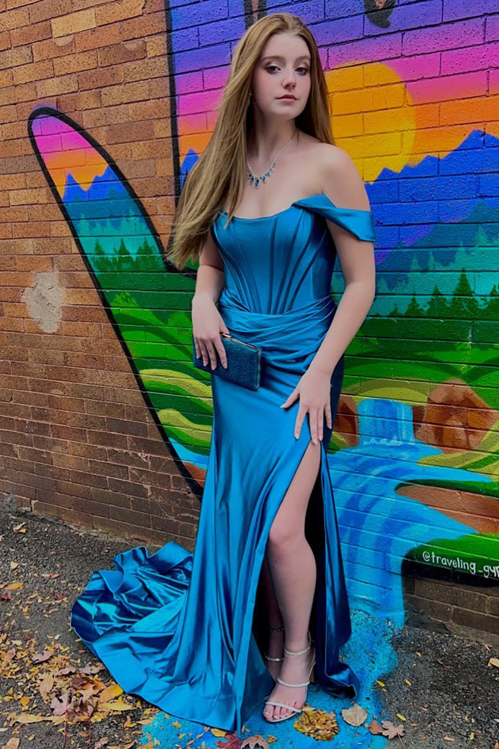 Long Off-the-Shoulder Black Prom Dress with Corset and Slit