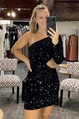 Dark Red Waist Cut Out One Shoulder Tight Sequins Homecoming Dress/Mini Dress with Sleeves