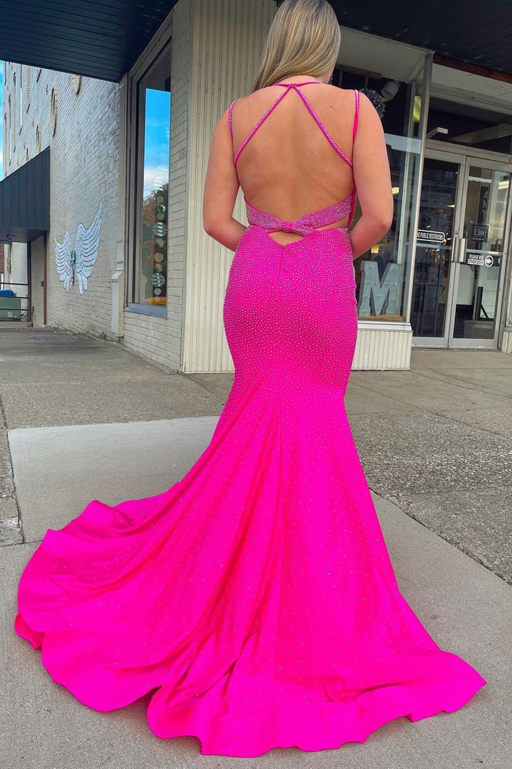 Fuchsia Long Prom Dress with Mermaid Spaghetti Straps and Sweep Train