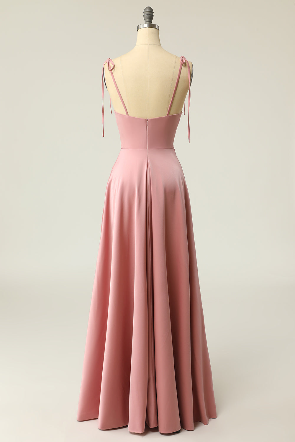 Light green long A-line prom dress with spaghetti straps and slit