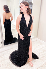 Long Green Sequined Prom Dress with Deep V Neck and Front Split