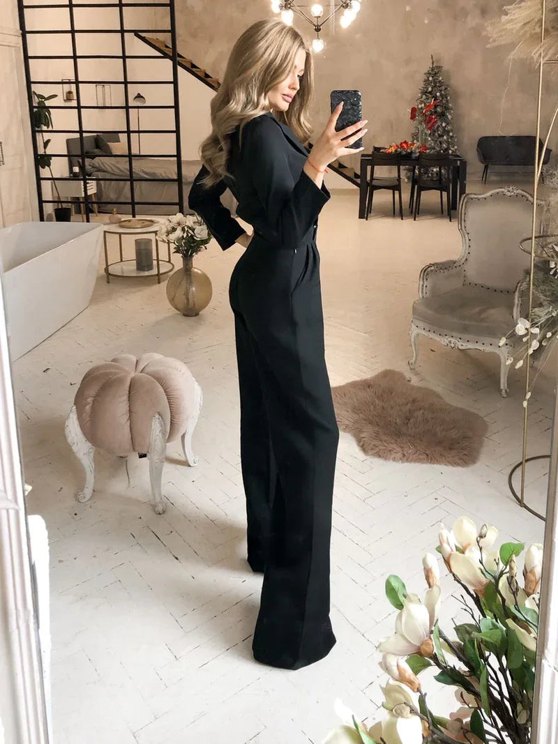 Graceful V-Neck Long Sleeves Black Jump Suit