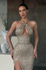Halter Sleeveless Mermaid Long Sequins Evening Dress With Split