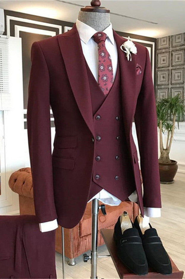New Arrival Fashion Burgundy Peaked Lapel Three-Piece Groom Prom Suit