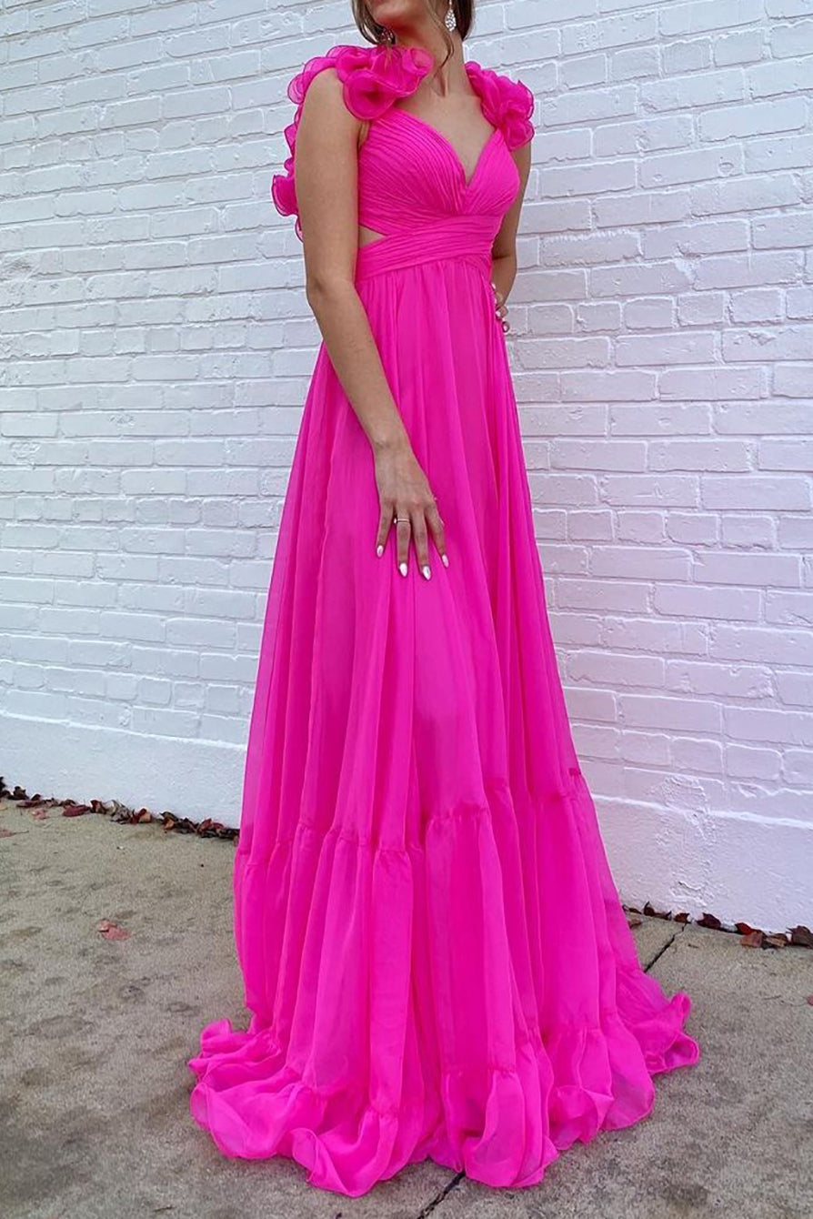 Fuchsia Long A-Line Prom Dress with 3D Flowers and V-Neck