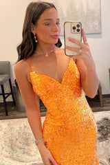 Long Orange Sequins Prom Dress with Spaghetti Straps and Front Split Sheath