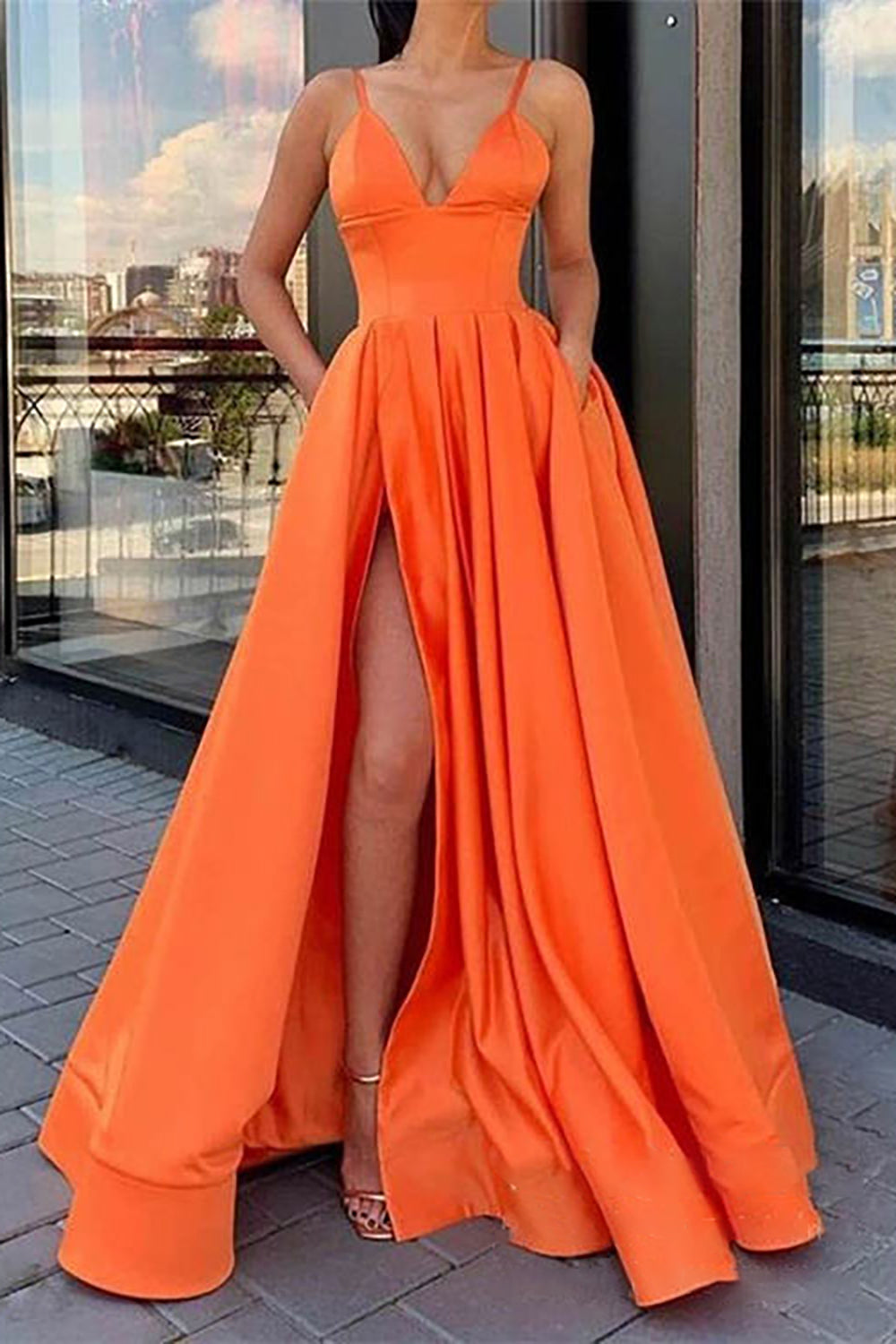 Black Long A-Line Prom Dress with Spaghetti Straps and Slit