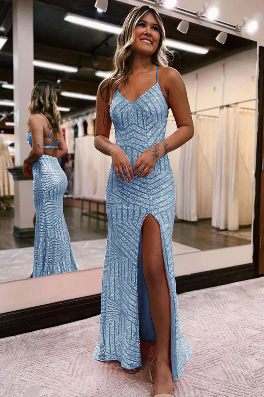 Long Orange Sequined Prom Dress with Criss Cross Back and Sheath Spaghetti Straps