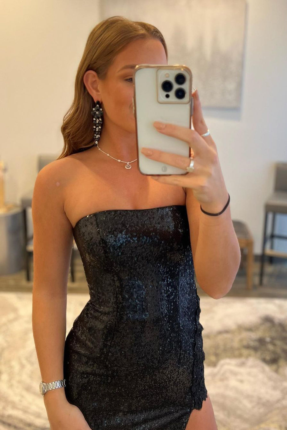 Black Strapless Prom Dress with Sequins and a Slit