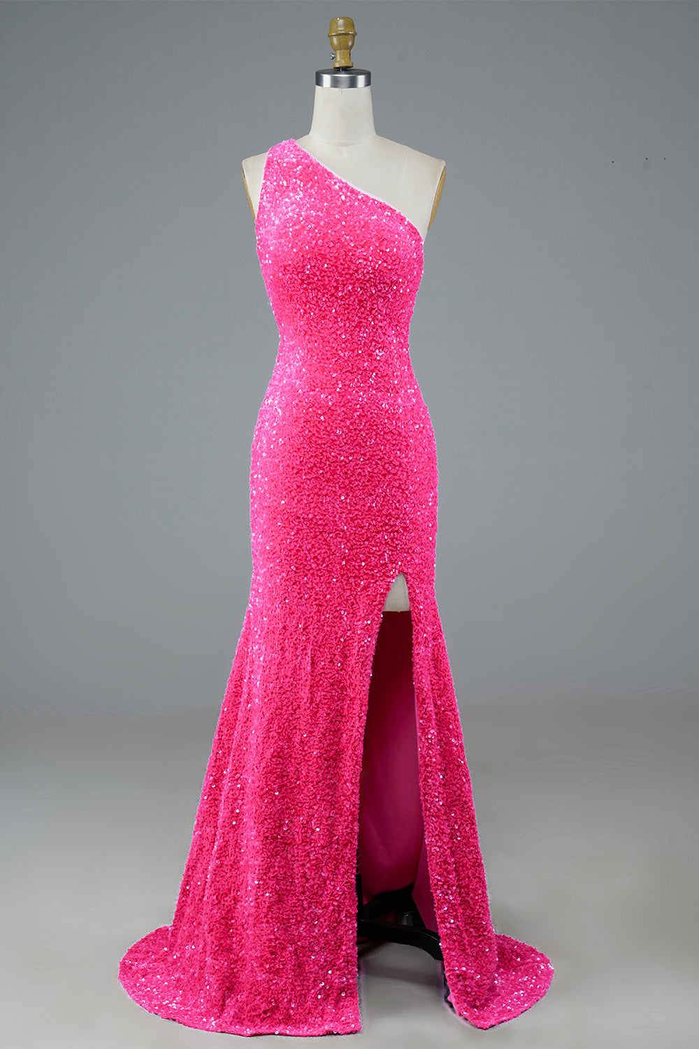 Long Prom Dress in Fuchsia with Sequin Details and Slit