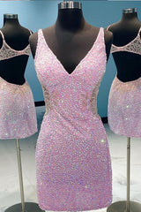 Lilac Sequins Homecoming Dress/Mini Dress with Open Back