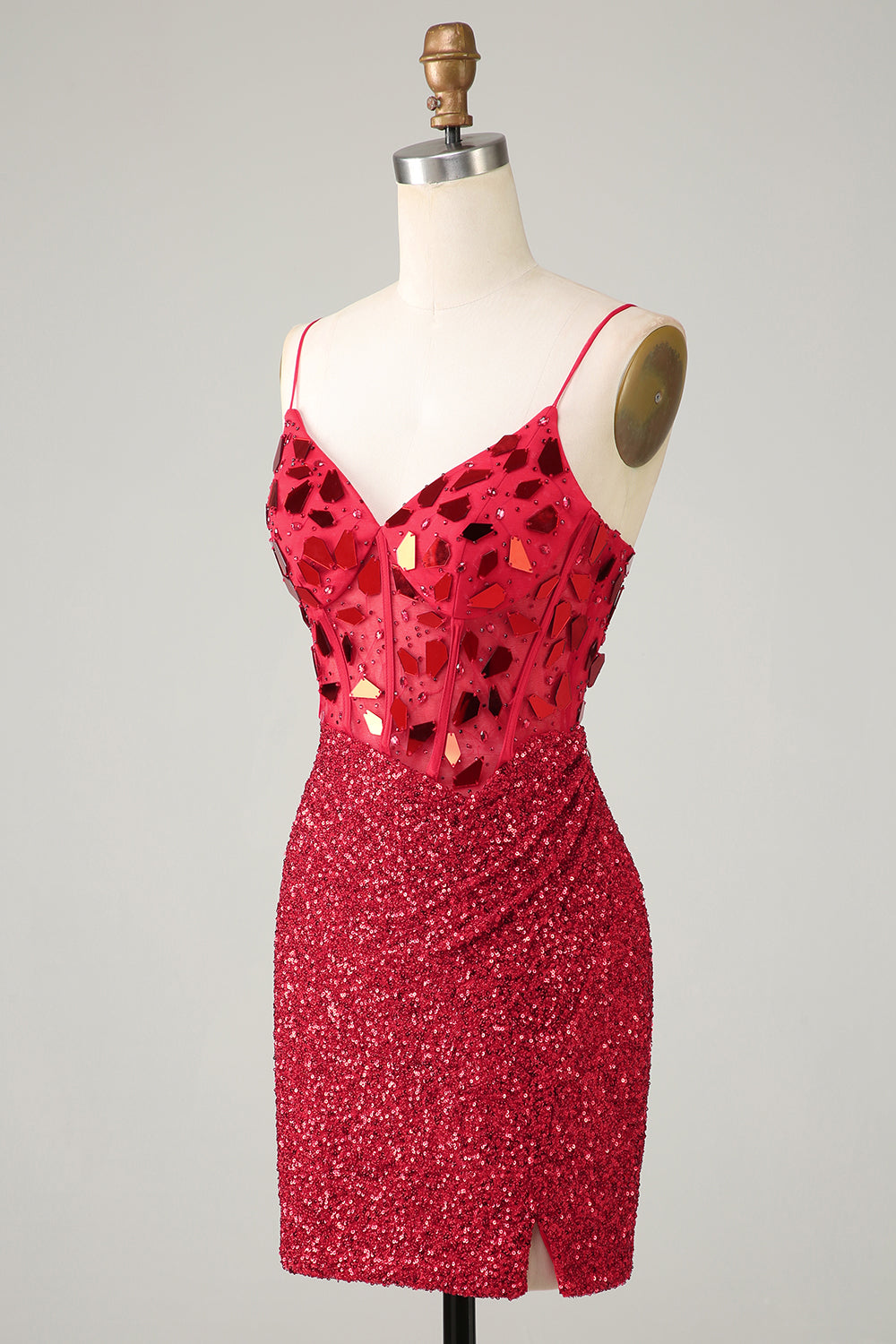 Red Glitter Corset Sequin Tight Short Mirror Homecoming Dress/Mini Dress