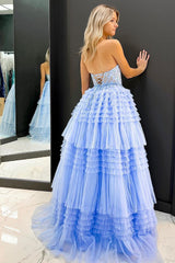 Blue Tulle Long Prom Dress with Ruffles in a Sweetheart A-Line Princess Cut