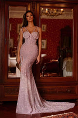 Pink Purple Beadings Gorgeous Formal Dress Split Mermaid Long With Sequins