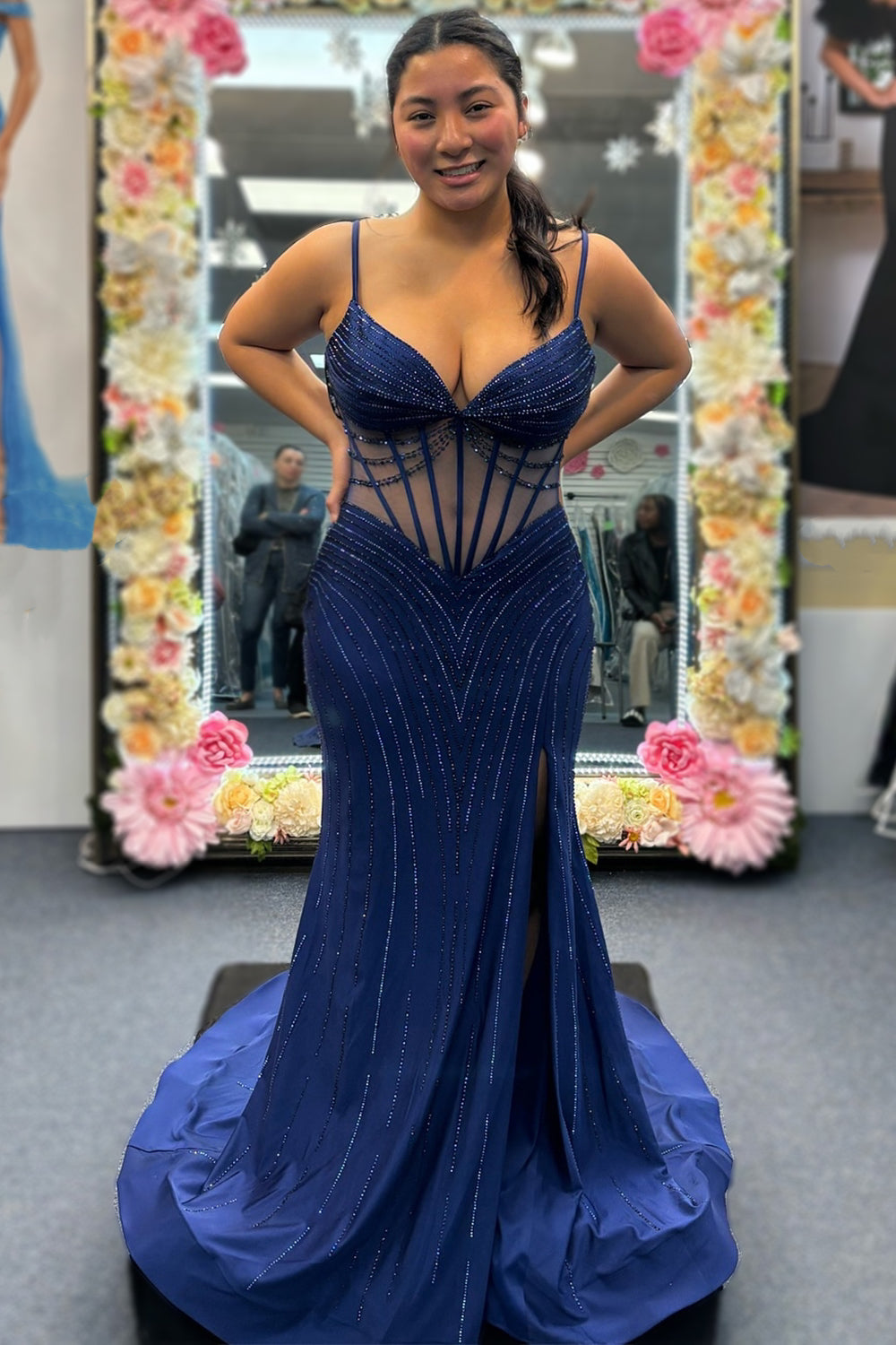 Long Black Corset Prom Dress with Mermaid Silhouette and Spaghetti Straps Featuring a Slit