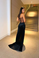 Elegant Black Strapless Sequins Slit Evening Dress With Chic Pleats
