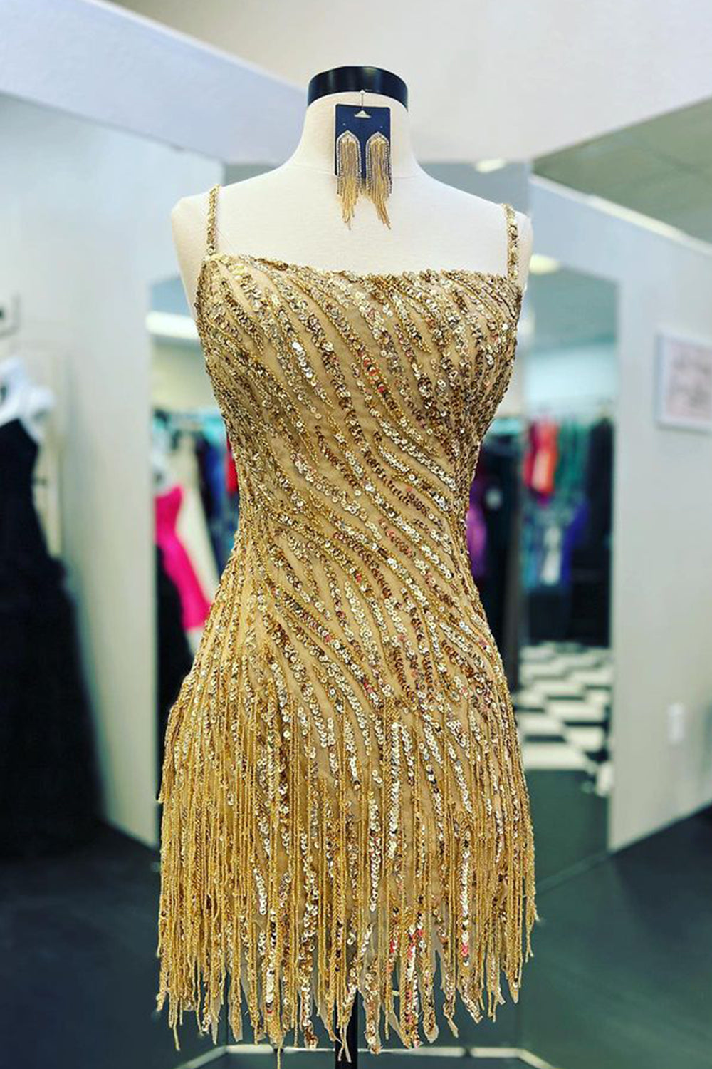 Sparkly Hot Pink Spaghetti Straps Sequins Fringed Tight Short Hoco Dress