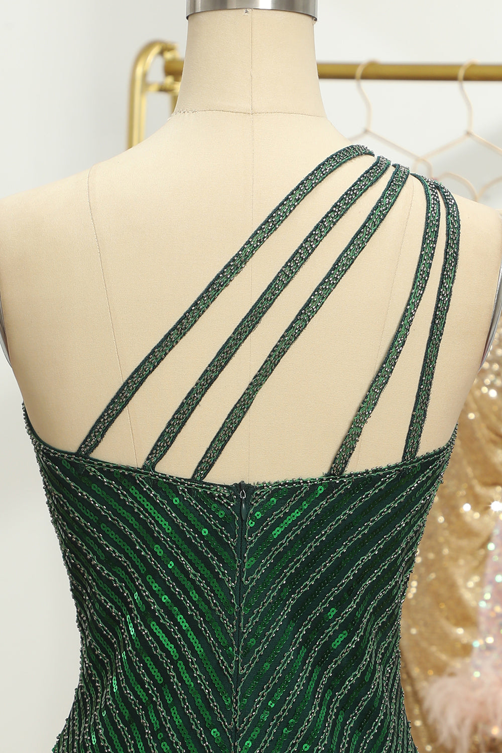 Glitter Dark Green One Shoulder Beaded Tight Homecoming Dress/Mini Dress