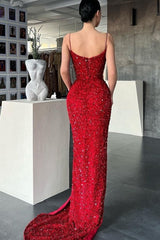 Red Spaghetti-Straps Mermaid Evening Dress Split With Sequins