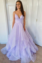 Prom Dress with Lilac Glitter Spaghetti Straps