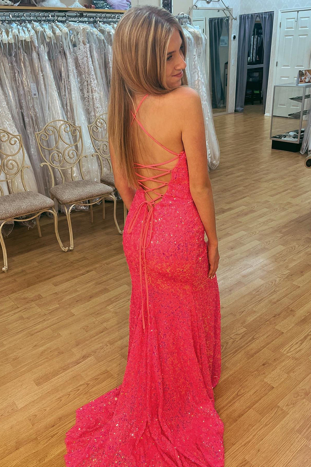 Sequined Prom Dress with Hot Pink Lace-Up Back
