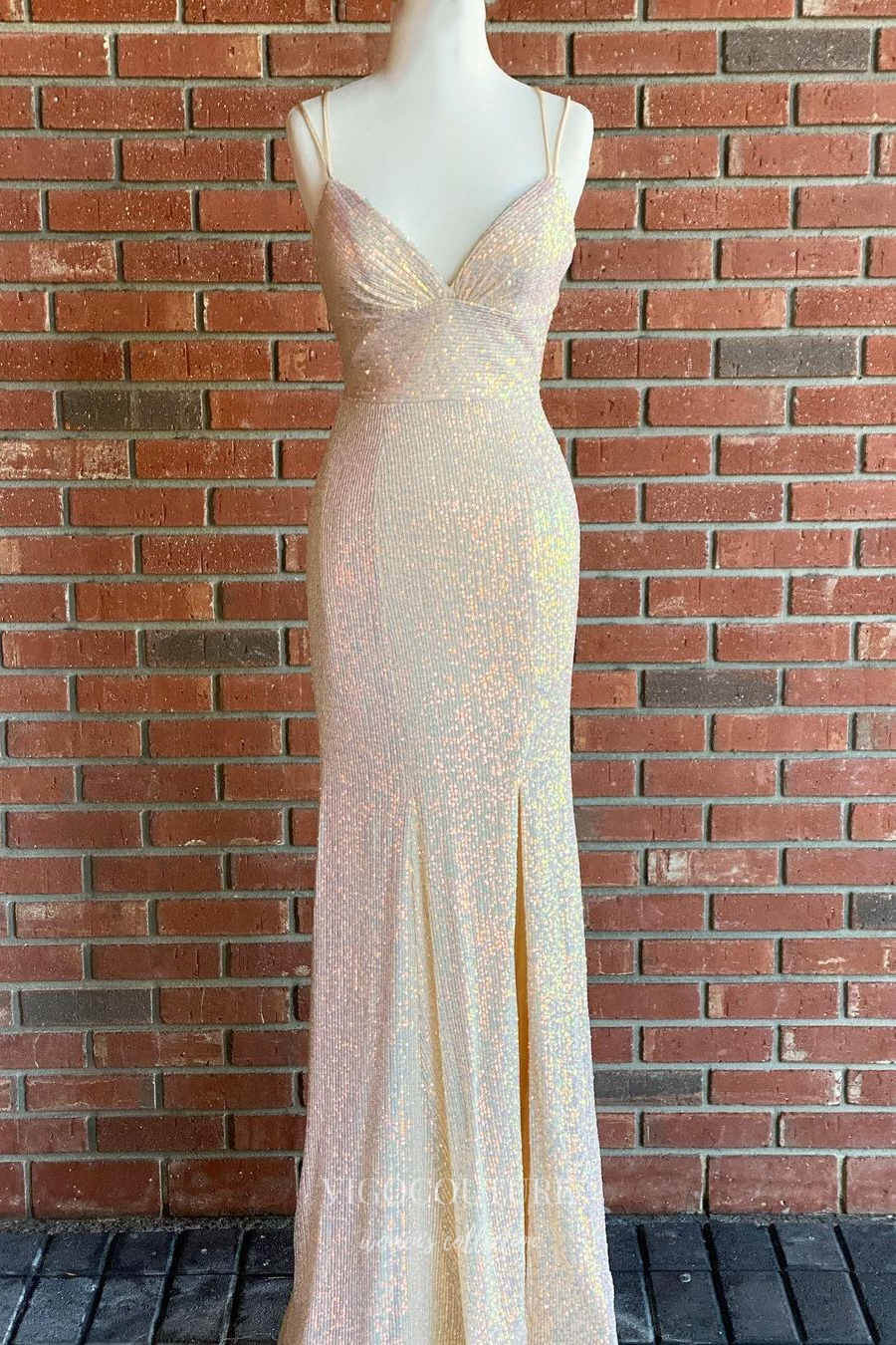 Orange Sequins Long Prom Dress with Mermaid Spaghetti Straps and Front Split