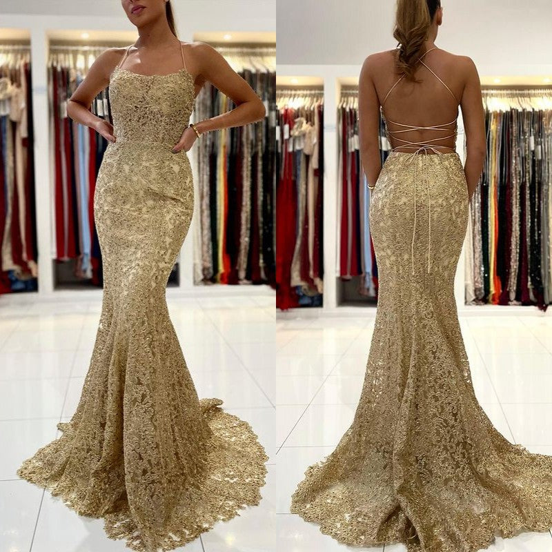 Gold Appliques Long Mermaid Evening Dress