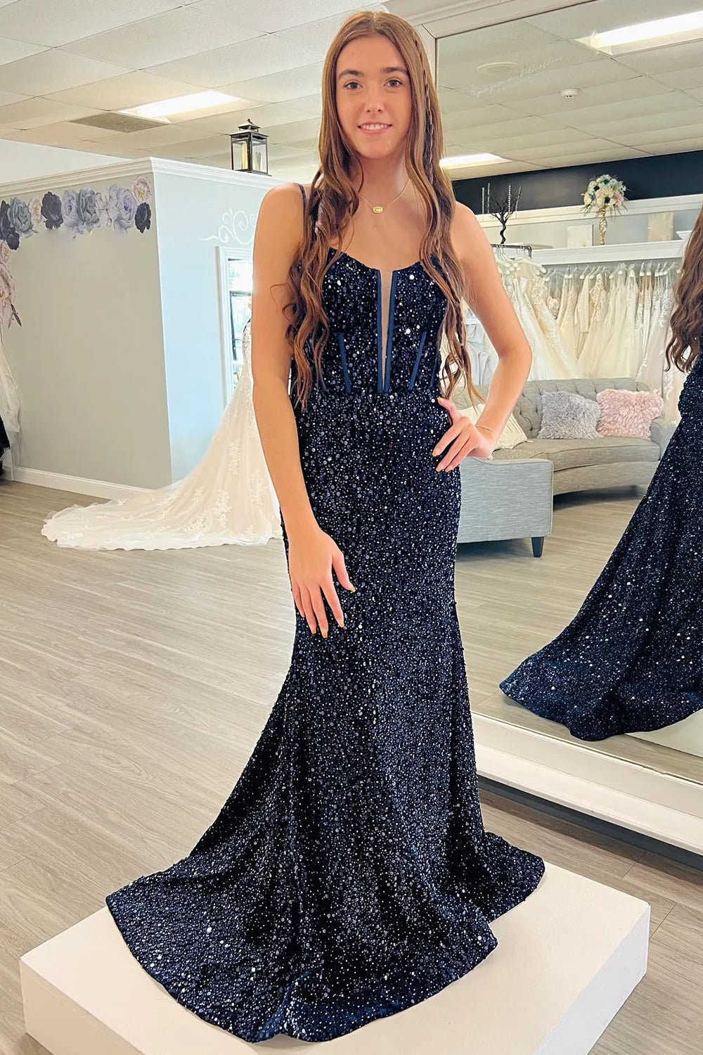 Long Red Corset Prom Dress with Spaghetti Straps Sequins and Mermaid Slit