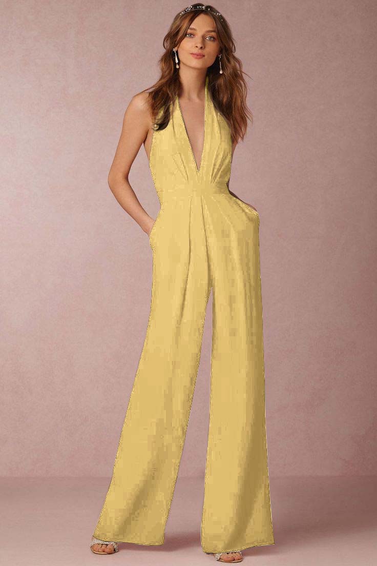 Casual Black Deep V-Neck Halter Long Daily Jump Suit