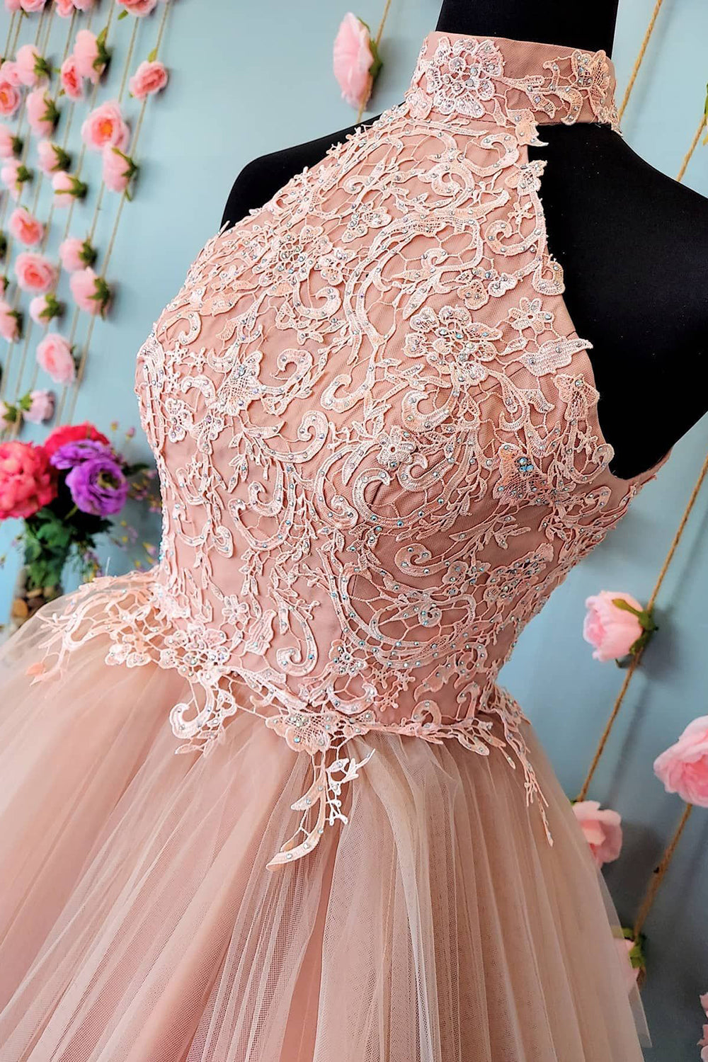 Sparkly Blush A-Line Short Tulle Homecoming Dress/Mini Dress with Lace