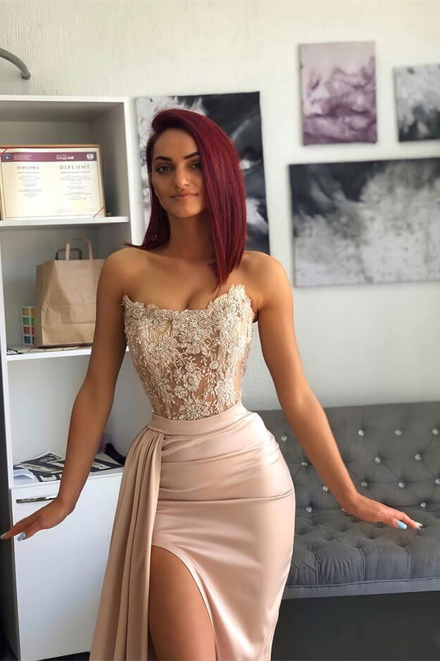 Strapless Pink Slit Mermaid Evening Dress With Chic Appliques