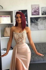 Strapless Pink Slit Mermaid Evening Dress With Chic Appliques