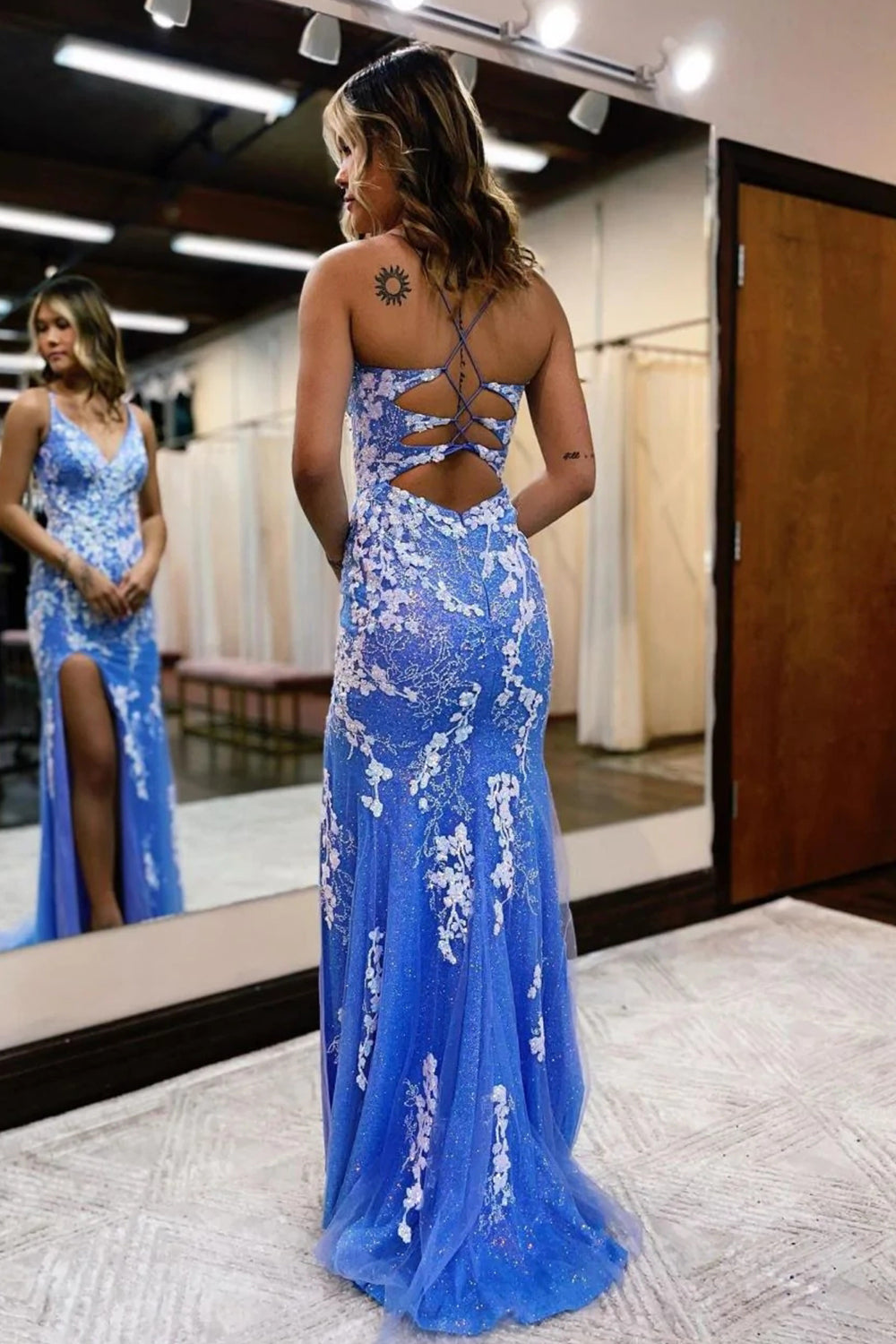 Long Blue Mermaid Prom Dress with Glitter Lace and Slit