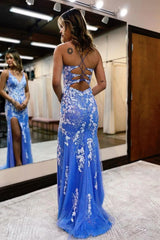 Long Blue Mermaid Prom Dress with Glitter Lace and Slit
