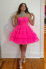 Fuchsia A-Line Sweetheart Tulle Tiered Corset Short Homecoming Dress/Mini Dress