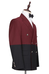 Stylish Burgundy and Black Double-Breasted Party Prom Suit for Guys with Peaked Lapel