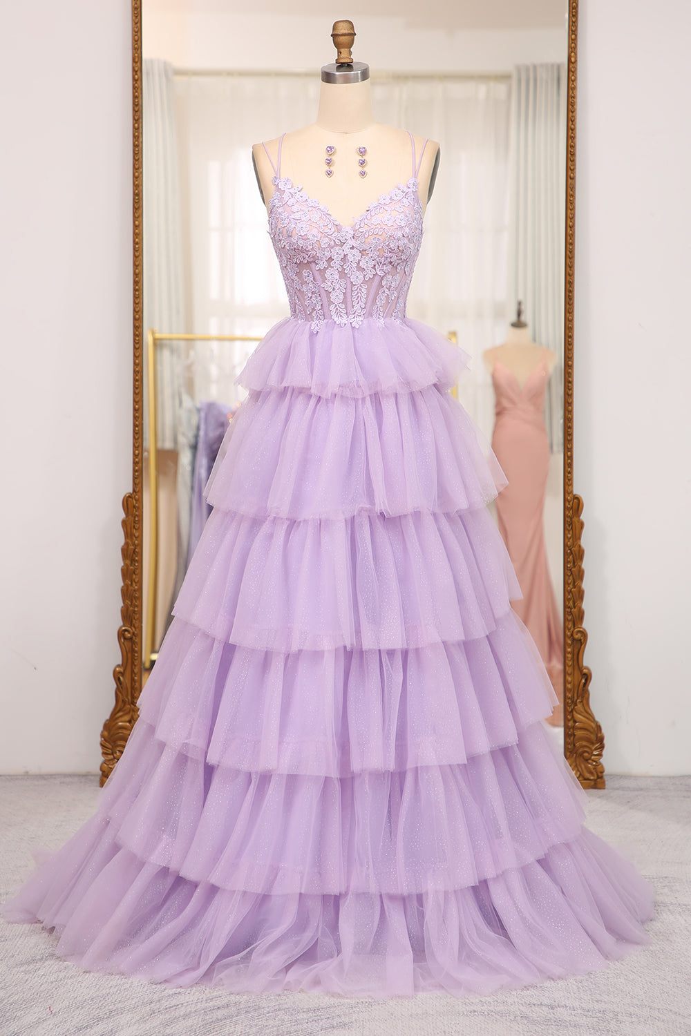 Long Prom Dress with Lilac Princess Spaghetti Straps and Tiered Tulle Appliques