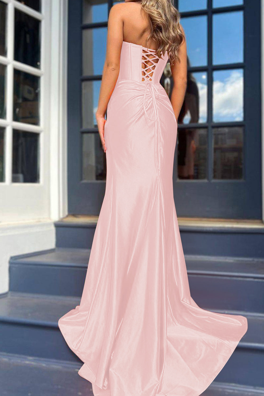 Orange Strapless Mermaid Corset Prom Dress Featuring a Front Split