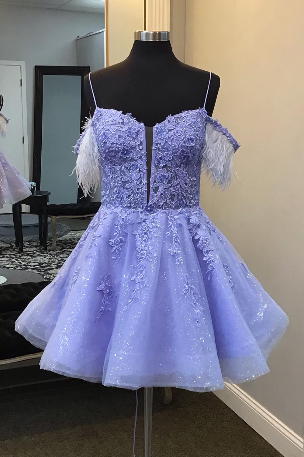 Sparkly Lavender Corset A-Line Lace Short Homecoming Dress/Mini Dress With Feathered Detachable Sleeves