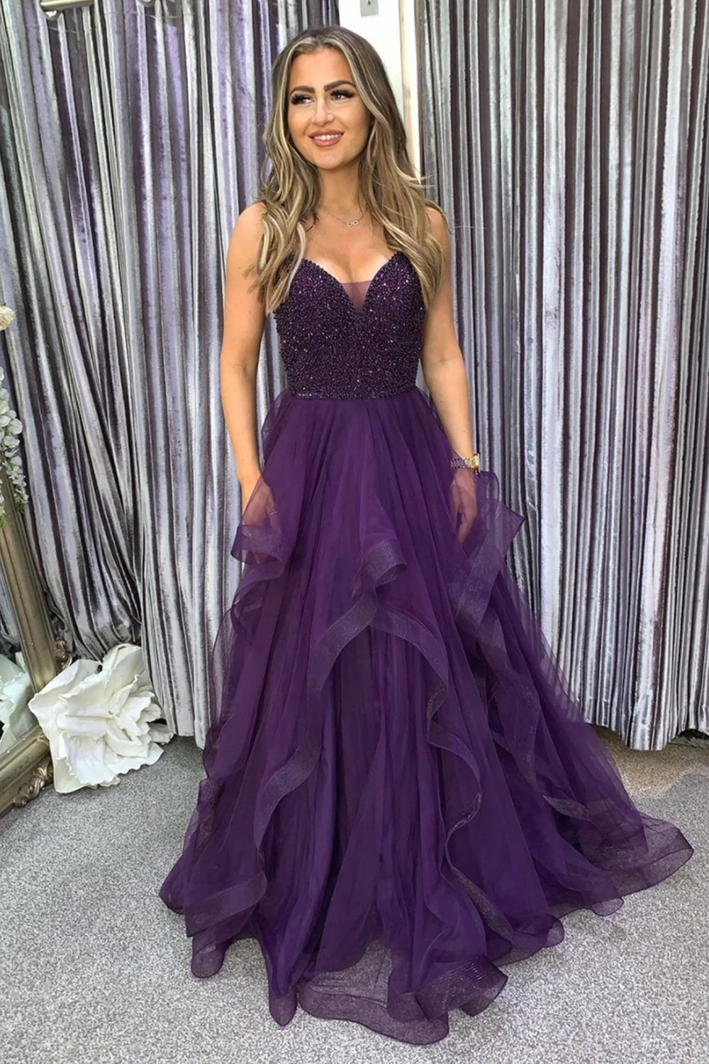 Long Dark Purple Prom Dress with Spaghetti Straps and Beading in A-Line Style