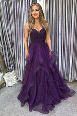 Long Dark Purple Prom Dress with Spaghetti Straps and Beading in A-Line Style