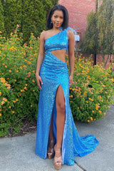 Blue Sequined Long Prom Dress with Feather - Sparkly Mermaid One Shoulder Design
