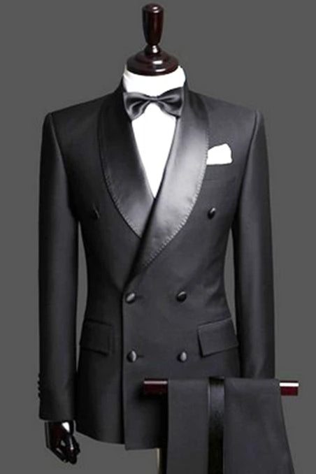 Fancy Black Double-Breasted Satin Lapel Two-Piece Wedding Tuxedos (Jacket Pants)