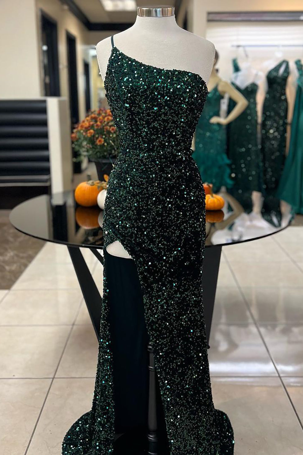 Long Dark Green Sparkly Prom Dress with One Shoulder and Front Split in Sequins