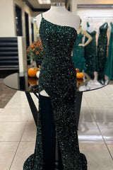 Long Dark Green Sparkly Prom Dress with One Shoulder and Front Split in Sequins