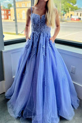 Elegant Blue A-Line Prom Dress with Spaghetti Straps and Appliques
