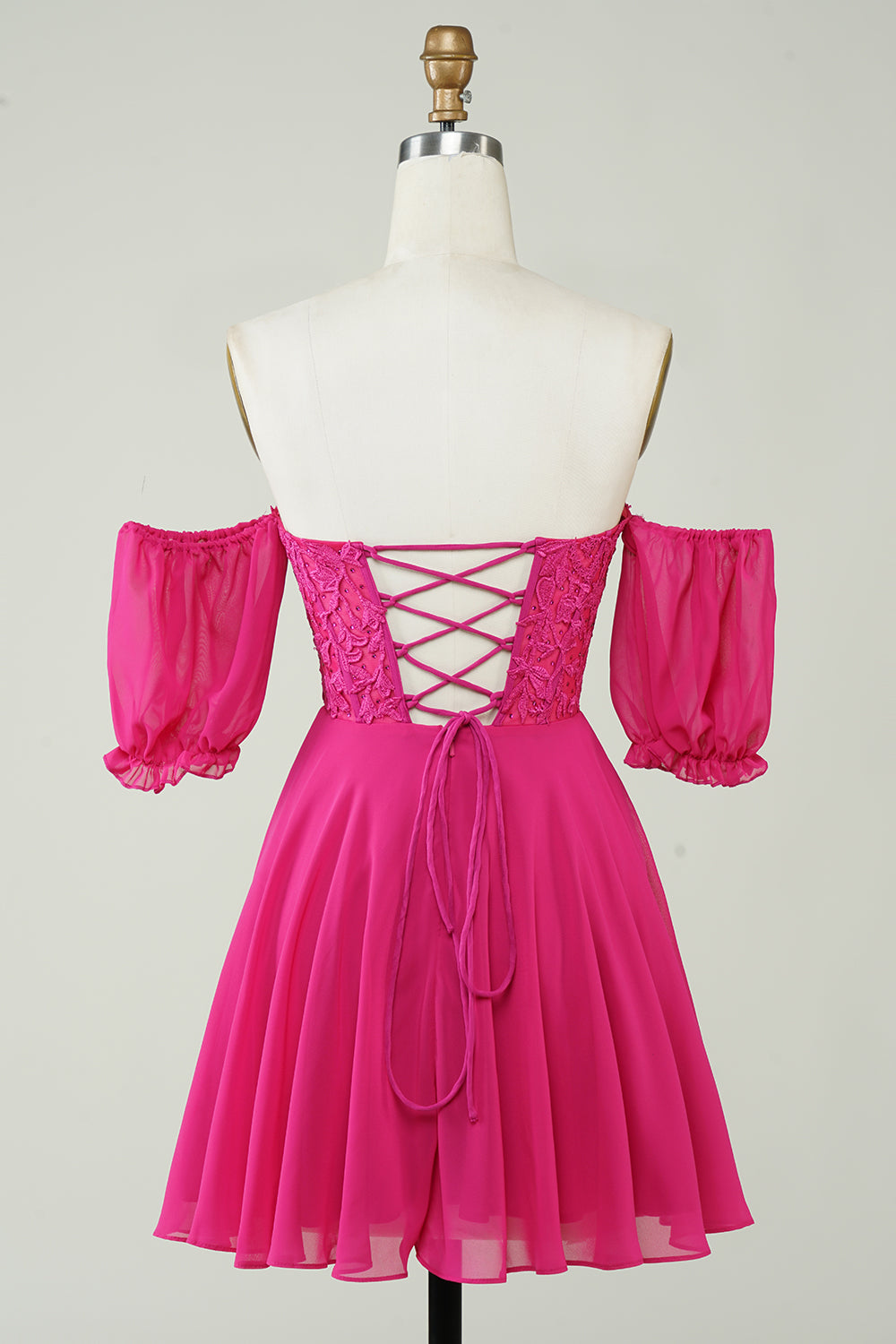 Sparkly Fuchsia Lace-Up Back A-Line Short Homecoming Dress/Mini Dress with Lace