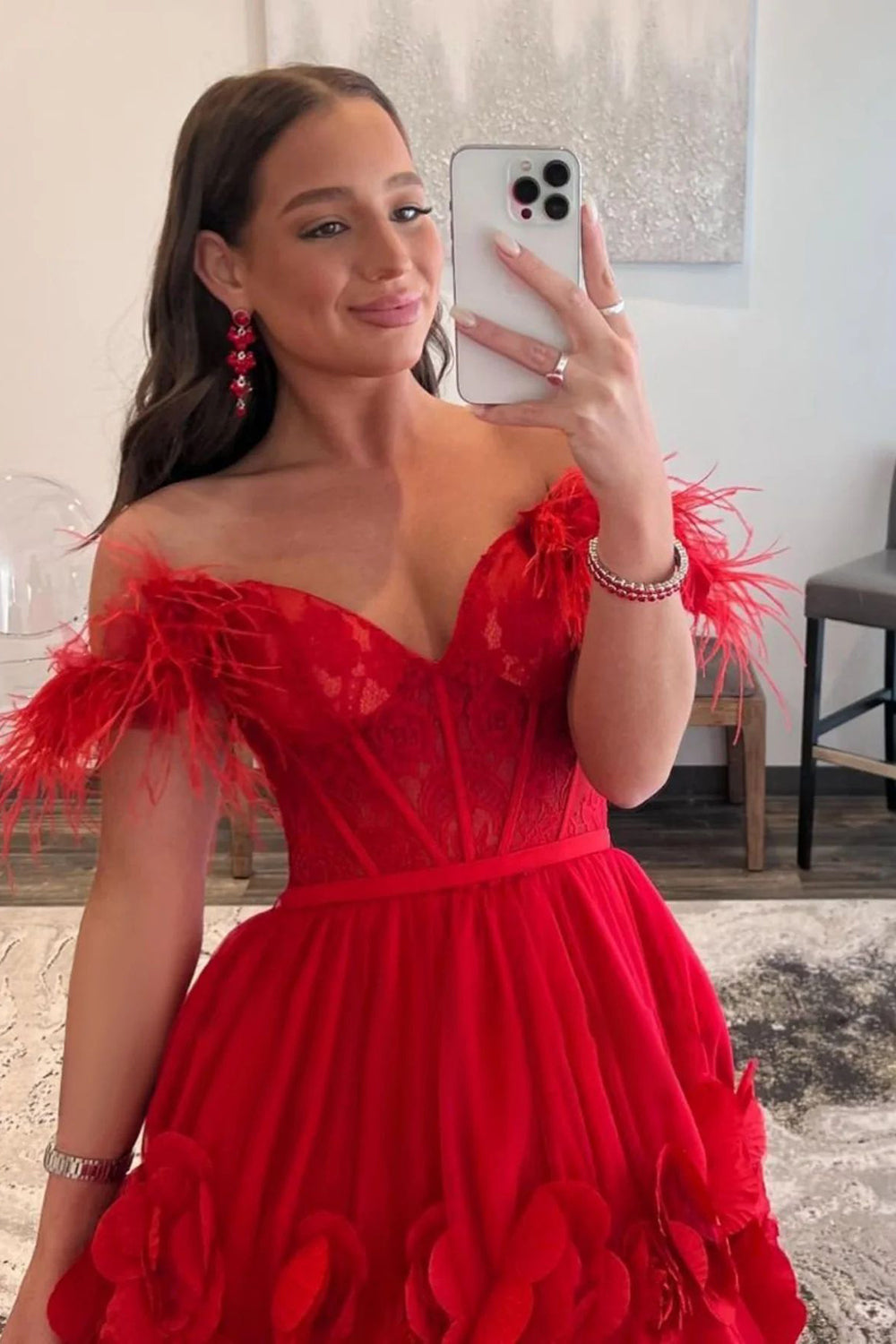 Long Red Prom Dress with Feathers in an Off-the-Shoulder A-Line Design