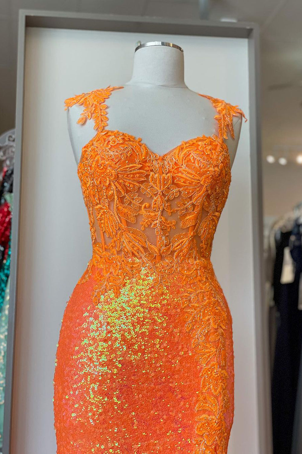 Orange Sequins Corset Prom Dress with Mermaid Spaghetti Straps and Appiques
